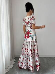 Elenzga Women's French Casual Vacation Delicate Rose Flower Collar Strap Ruffle Decor Matching Petal Sleeve Waist Ruffle A-Line Dress - Multicolor - View 2