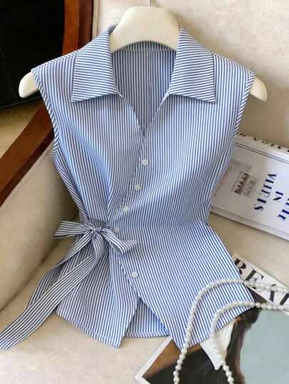 GlowEve Women's Casual Vacation & Work Commute Striped Print Wrap Tie Front Sleeveless Shirt, Summer