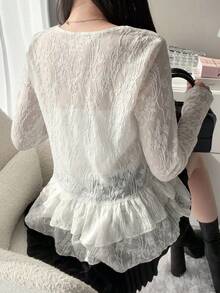 FRIFUL Women's Round Neck Lace Fabric Decorated Hem Multi-Layered Ruffle Hem Patchwork Sheer Top, Summer - White - View 4