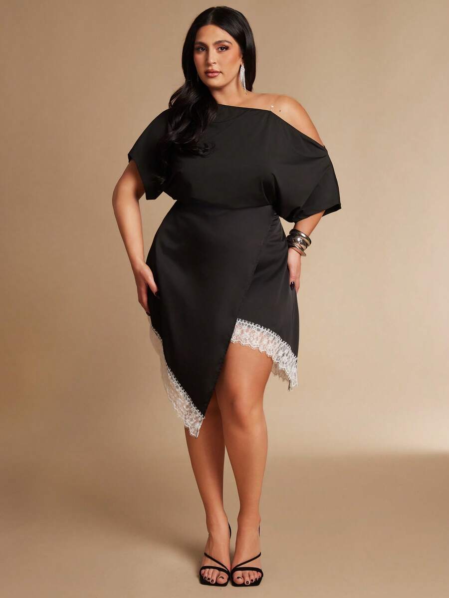 SHEIN BAE Plus Size Asymmetrical Hem Lace Patchwork Casual Vacation Versatile Skirt,Summer,Pants,Western For Women,Cowgirl For Women,Country Concert,Easter For Women,Shorts,Summer,Summer,Skirt For Women,Summer For Women,Skirt For Women,Trouser Pants For Women,Skirts For Women Plus Size,Plus Size Skirt,Beach Skirt