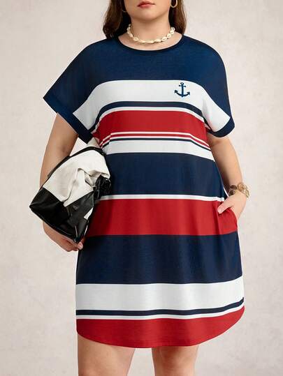 Zelara 大码女式夏季沙滩度假撞色条纹锚印花蝙蝠袖宽松连衣裙