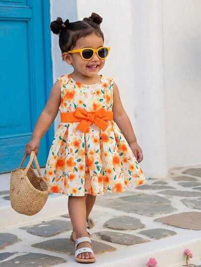 SHEIN Vestido sin mangas con estampado floral acuarela y lazo en la cintura, para niña, primavera/verano