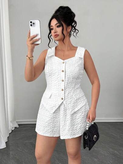 Elenzga Plus Size Women 2pcs Set: Jacquard Single-Breasted Top And Shorts, Casual Daily Wear