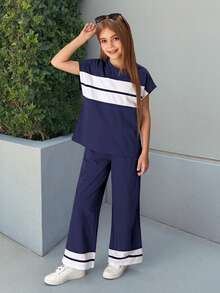 Firerie Kids Firerie Kids Bộ đồ 2 món cho bé gái tuổi teen: áo thun và quần dệt kim phối màu, phong cách thường ngày thoải mái, rộng rãi. - Màu xanh hải quân - Xem 5