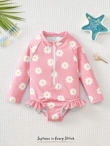 Cozy Pixies Áo tắm liền thân dài tay có khóa kéo in hoa cho bé gái, thích hợp cho kỳ nghỉ hè ở bãi biển. - Hồng - Xem 7