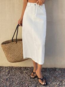 DAZY Women's Casual Solid White Straight Denim Skirt, Spring/Summer - White - View 3