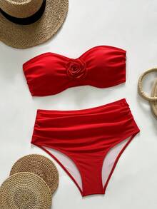 Swim Basics Women's Solid Color 3D Floral Decor Bikini Set - Red - View 3