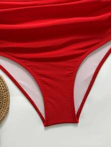 Swim Basics Women's Solid Color 3D Floral Decor Bikini Set - Red - View 5