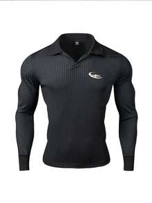 GymBeat Men's Letter Print Long Sleeve Sports Polo T-Shirt - Black - View 6