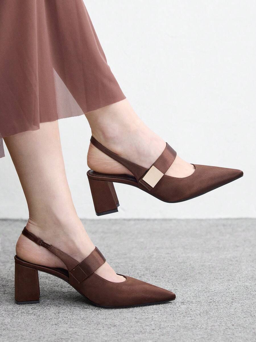 CUCCOO BIZCHIC Chaussures à talon épais à bout pointu, mode et confortables pour les déplacements et les vacances, avec boucle carrée simple en tissu sardine marron café - Marron - Voir 1