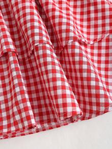 Sweetra Women's Spring/Summer New Sexy Sassy School Style Tie-Shoulder Cinched Waist Double Ruffle Hem Red Plaid Dress, Suitable For Casual, Commute, Outing, Beach Holiday - Red - View 6