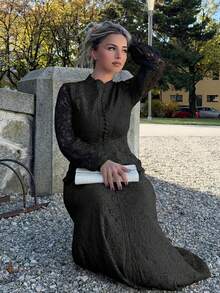Jeta Ari Solid Color Lace Trimmed Button Decoration Long Sleeve Dress Maxi Women Outfit - Black - View 4