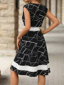 Editum Đầm midi nữ có mũ, tay ngắn, cổ tròn, eo thon, chất liệu chun co giãn, họa tiết hình học, thích hợp mặc đi làm, mùa xuân/hè. - Đen và trắng - Xem 2