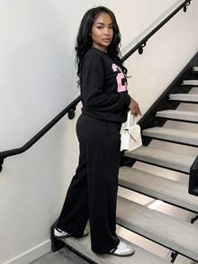 Alexandranx 2件套女士休闲数字印花长袖上衣和长裤套装 - 黑色 - 查看 4