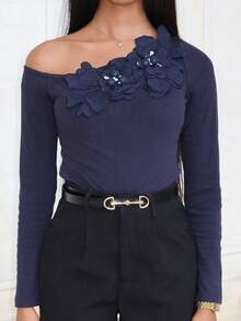 Mima John 女士优雅 3D 花卉刺绣和串珠修身不对称肩斜针织 T 恤上衣，亲肤节日、外出、度假 - 藏蓝色 - 查看 5