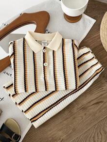 LMoss Kids 男童针织条纹休闲衬衫短裤套装（2件套） - 彩色 - 查看 5