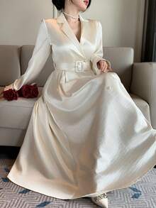 Livesso 优雅白色缎面高领中长连衣裙，适合毕业典礼、婚礼和派对等场合。 - 白色 - 查看 7