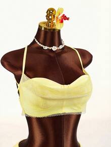 Amplova 女士吊带露背系带网纱装饰吊带背心和迷你裙两件套 - 黃色 - 查看 2