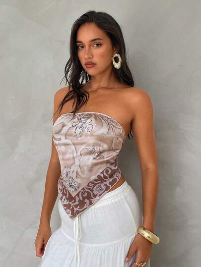 Aloruh Women's Spring/Summer Vacation Scarf Print Crop Top, Bohemian Style Bandeau Tube Top With Bowknot Strap, Suitable For Music Festival