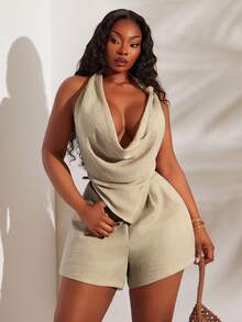 SHEIN SXY 大码女士性感深V露背上衣短裤两件套，夏季女装度假套装亚麻两件套露背连体衣女士连体裤夏季女士短裤套装度假连体裤连身裤女士度假套装女士紧身衣连体裤女士夏季套装女士夏季套装 - 卡其色 - 查看 6