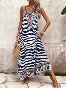 SHEIN PETITE 女士斑马纹V领无袖A字连衣裙，优雅休闲度假通勤时尚约会街头复古百搭派对连衣裙，春夏秋季 - 藍白色 - 查看 4