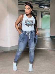 SHEIN ICON Plus Size Distressed Drawstring Waist Casual Slim Fit Summer Denim Jeans - Light Wash - View 3