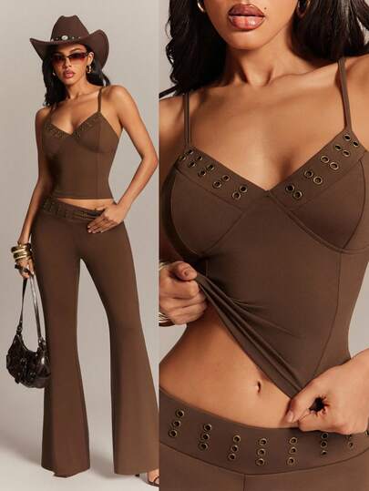 Radiana 女士性感休闲街头金属眼镜装饰两件套，吊带背心搭配低腰喇叭裤，时尚复古休闲装扮，适合日常休闲外出、购物、聚会、派对、夜生活、夜店、音乐节等场合。