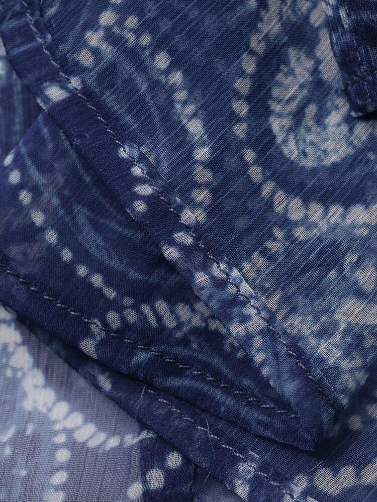 DAZY 女士优雅印花立领系带衬衫，春季款 - 藍色 - 查看 11