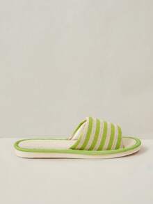 Cuccoo Women Shoes Spring And Autumn Soft-Soled Sweat-Absorbing Open-Toed Flat-Bottomed Slippers, Fresh Green Striped Linen Drag, Hemming Design, Breathable Upper, Four-Season Silent Slippers - Mint Green - View 2