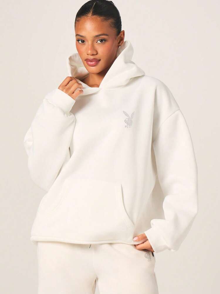 Missguided x Playboy Women's Oversized White Rhinestone Bunny Logo Pullover Hoodie With Drawstring And Centre Pocket Winter Sweatshirt
