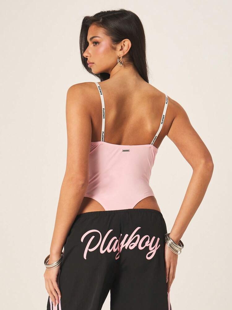 Missguided x Playboy Women's Strappy Pink Bodysuit With Logo Branded Shoulder Straps For Summer Casual Chic Fashion Statement
