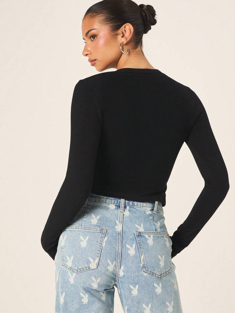 Missguided x Playboy Women's Long Sleeve Crew Neck Leopard Print Gold Bunny Necklace Crop Top Fall Winter Casual Basic Tee