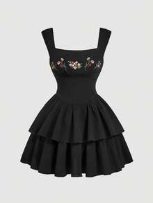 SHEIN MOD 女士时尚花卉刺绣收腰双层迷你连衣裙 - 黑色 - 查看 4