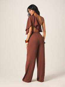MISSGUIDED Women One Shoulder Ruffle Crop Top And Wide Leg High Waist Palazzo Pants Two Piece Coordinated Set For Fall Winter Occasions - Camel - View 3
