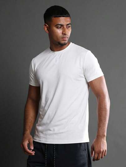 SUMWON Men's White Short Sleeve Athletic Tee With Running Community Text Back Print Regular Fit Sports Training Shirt