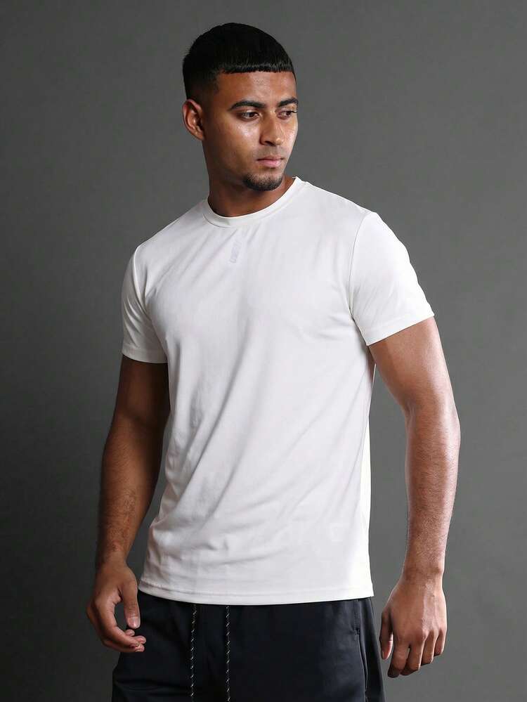 Men's White Short Sleeve Athletic Tee With Running Community Text Back Print Regular Fit Sports Training Shirt