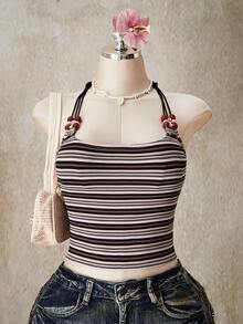 SHEIN ICON 大码 Y2K 休闲条纹串珠装饰针织露背上衣 - 彩色 - 查看 3