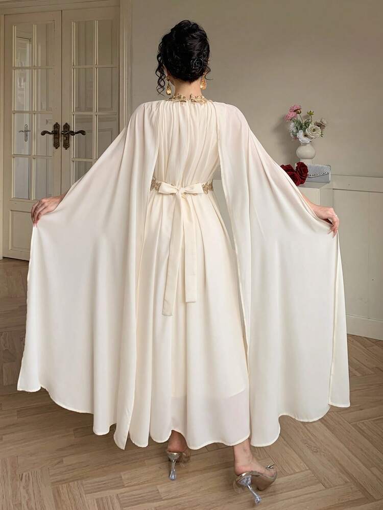 Women's Elegant Contrast Color Lace Patchwork Extra Long Sleeve Belted Dress, Spring/Summer Sun Dresses For Women