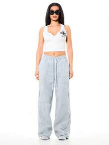 SUMWON WOMEN White Ribbed Tank Top With Black Cross Logo Print V-Neck Sleeveless Casual Summer Cropped Top For Women Streetwear Fashion - White - View 3