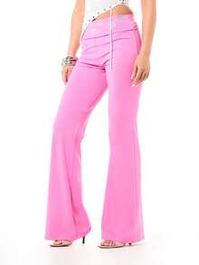 SUMWON WOMEN Women's High Rise Pink Flared Leggings With Diamante Rhinestone Waistband Detail Bell Bottom Stretch Pants For Spring Summer Festival Occasions - Pink - View 1