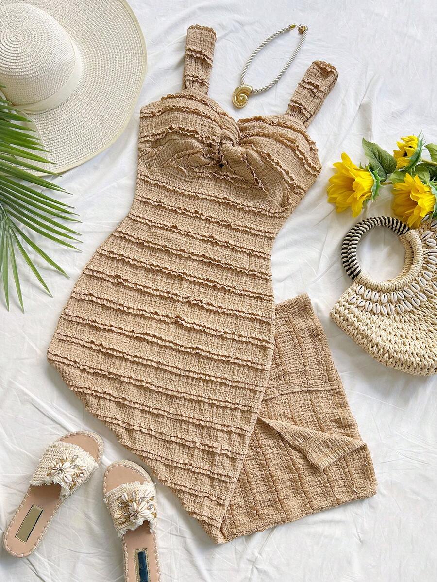 Soleia 女士纯色扭结荷叶边中长吊带裙 - 卡其色 - 查看 1