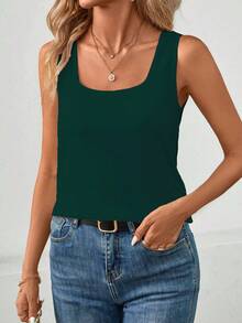 EMERY ROSE Áo tank top không tay đơn sắc tối giản dành cho nữ, thích hợp mặc hàng ngày. - Màu xanh lá cây đậm - Xem 6