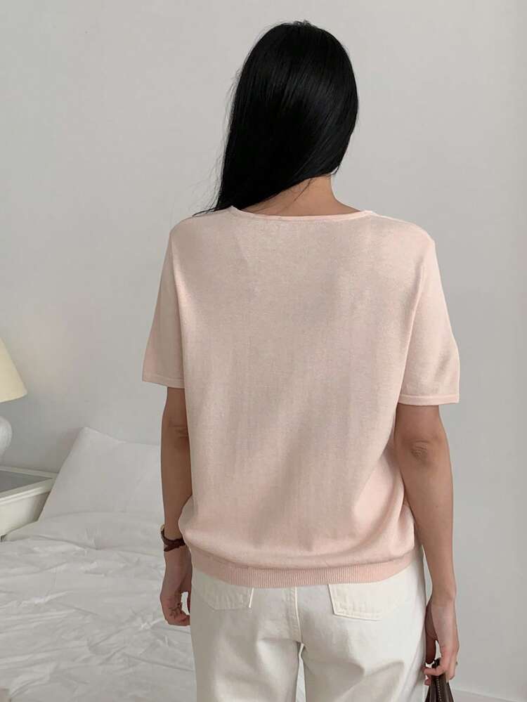 Women's Loose Fit Solid Color Scoop Neck Short Sleeve Casual Vacation Lightweight Knit Top, Summer