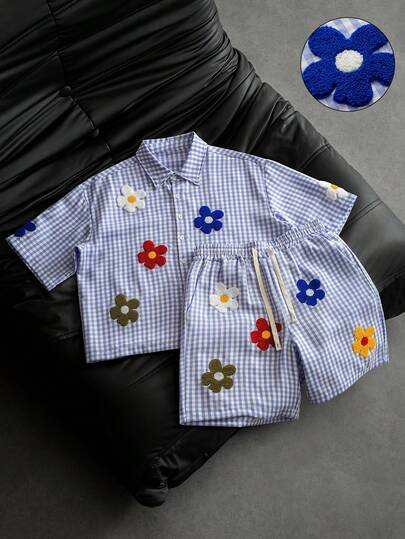 PAVTROS Men's Casual Floral Flocked Plaid Short Sleeve Shirt And Shorts Set, Summer