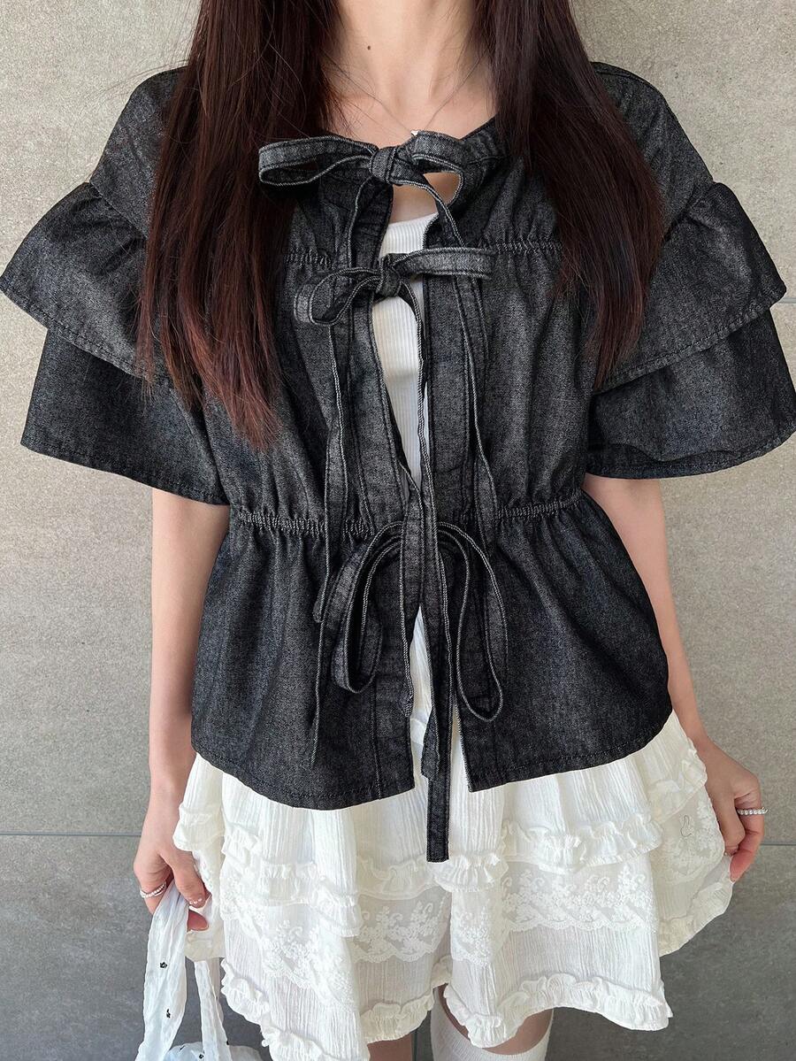 FRIFUL Áo sơ mi denim nữ kiểu dáng thường ngày, có bèo nhún và thắt dây, thích hợp cho mùa hè. - Xám - Xem 1