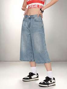 SHEIN ICON 女士休闲宽松七分阔腿牛仔裤，蓝色 - 淺色水洗藍 - 查看 3