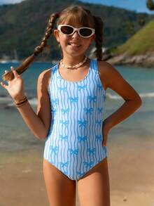 SHEIN Bộ đồ bơi liền thân in hình bướm dành cho thiếu nữ, thích hợp cho kỳ nghỉ hè, đi biển và tiệc bể bơi. - Màu xanh lam - Xem 8