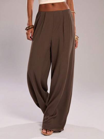 SHEIN BAE Pantalones anchos de cintura baja con pliegues en color marrón, adecuados para uso casual, vacaciones en la playa, verano, viajes, al aire libre, festivales de música, playa