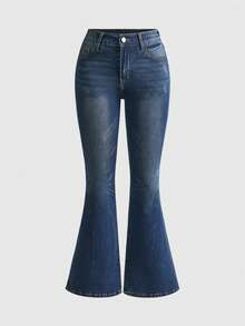 ROMWE Grunge Punk Y2K Retro Cashew Flower Embroidery Slim Fit Flare Leg Women Jeans - Blue - View 2