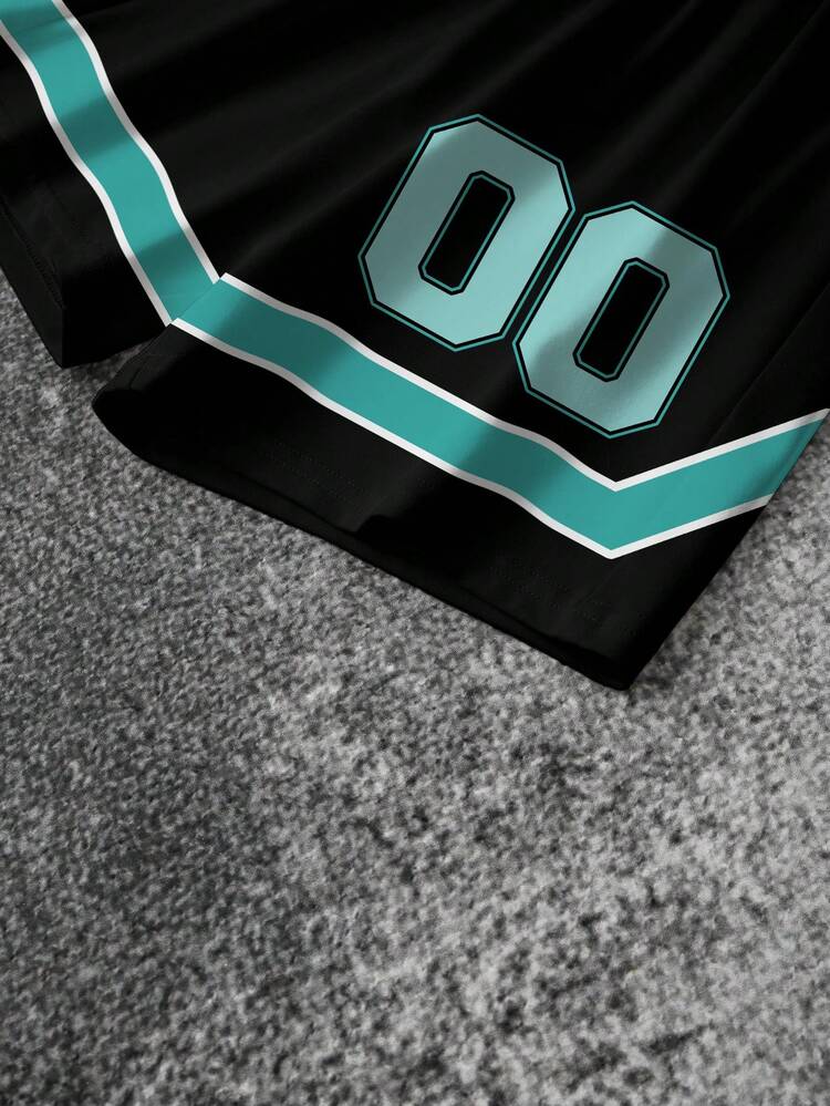 LOONEY TUNES X SHEIN Conjunto de camiseta de manga corta con cuello redondo y ribete de contraste con estampado de dibujos animados, y pantalones cortos estampados con rayas y números para niño preadolescente - Blanco - Ver 7